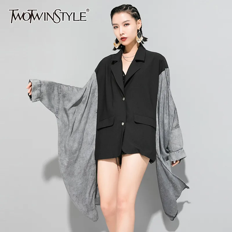 TOWTWINSTYLE Loose Patchwork Irregular Jacket For Women Notched Bat Sleeve Korean Casual Jackets Female Autumn Fashion 210524