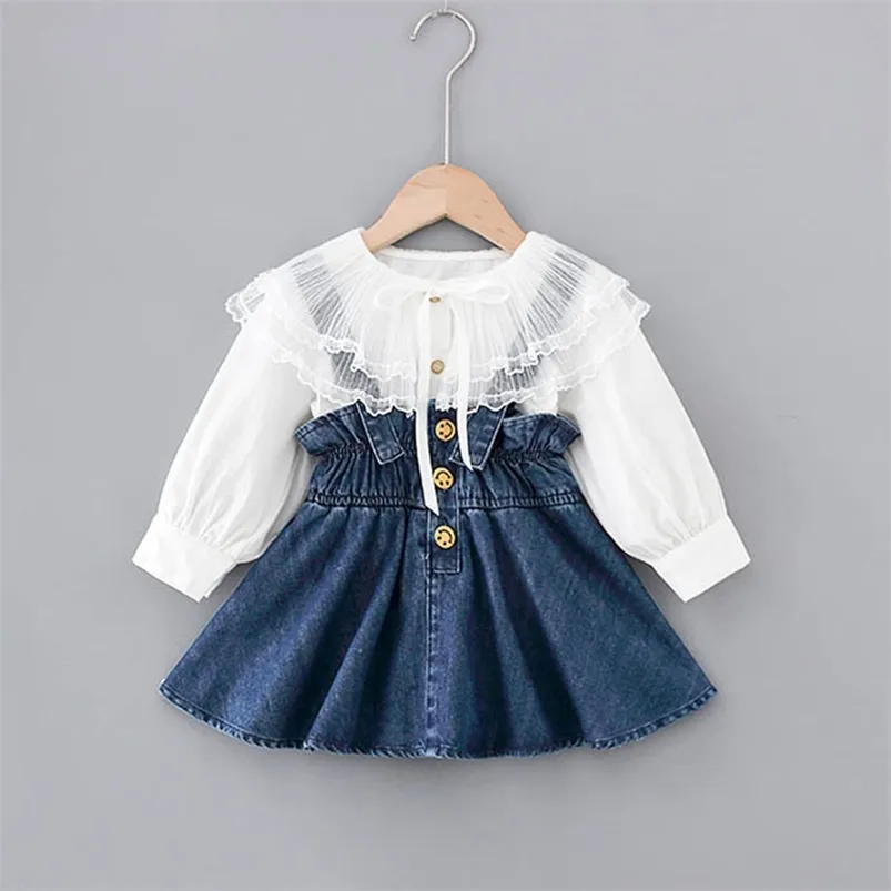 Toddler Baby Dress 1-3Years Spring Höst Kid's Outwear Infant Big Lace Neck SHIRT + VEST TWO Pieces Set för Girls 210625