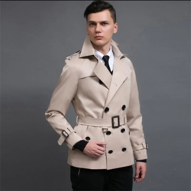 Mens Short Trench Coats Man Double-breasted Coat Men Clothes Slim Fit Overcoat Long Sleeve 2021 Designer Men's