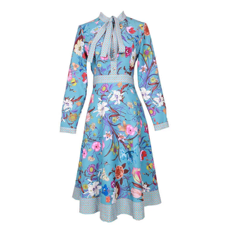 Women Blue Floral Print Bow Collar Zipper Long Sleeve Elegant Midi Dress D2543 210514