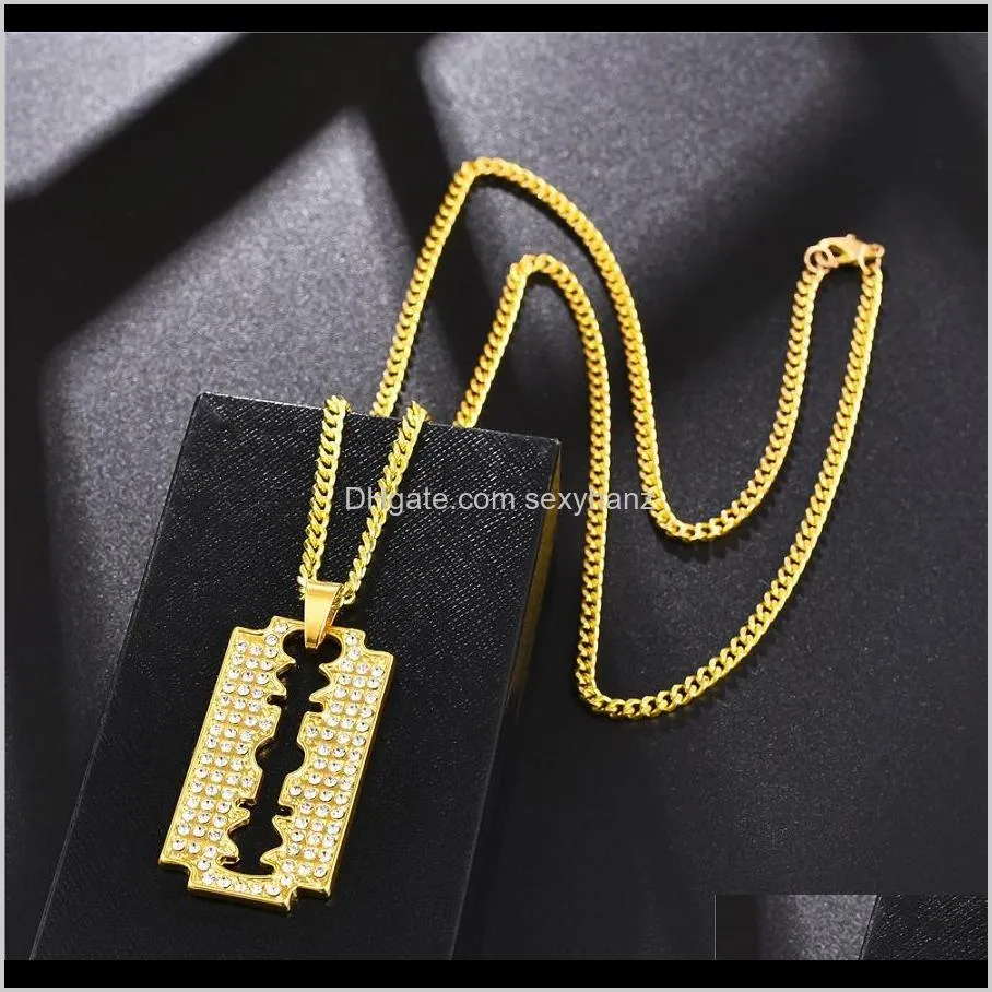 & Pendants Jewelryfashion Men Iced Out Blade Pendant Necklace Hip Hop Jewelry Fl Rhinestone Design 18K Gold Plated 60Cm Long Chains Punk Nec