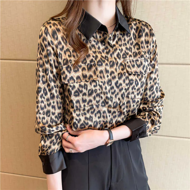 Camicie da donna coreana Camicette leopardo per camicia di stampa in chiffon Donna Pocket Tops Plus Size S e XXL 210604