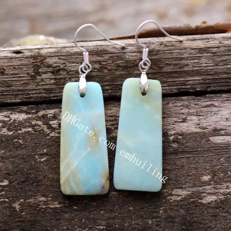 Natural Amazonite Crystal Stone Dangle Brincos Handmade Elegante Elegante Vintage Vintage Trapezoid Oval Gota Forma Gemstone Mulheres Meninas Brinco para Reiki Cura