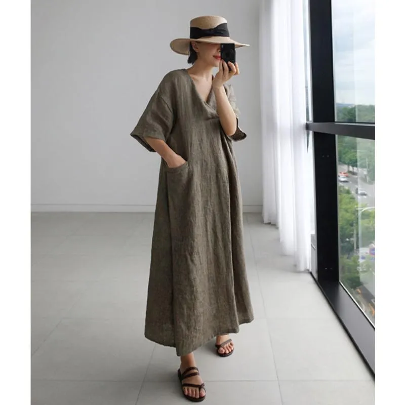 Dameslinnen V-hals Losse jurken Koreaanse Vintage Solid Color Pocket Design Maxi Robe Kimono VKDR2147