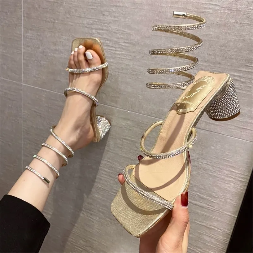 Summer Women's Sandals Fashion Luxury Club Square Toe Snake Strap Sequined Cloth High Heel Party Shoes 220314