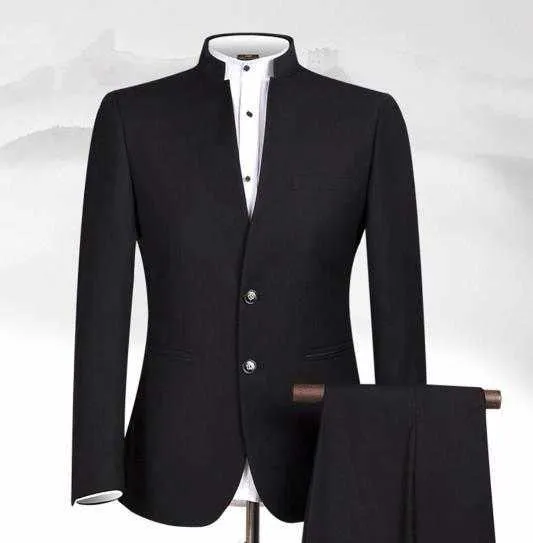 Nuovo design Abiti da uomo neri Colletto alla coreana Abito classico Abiti da lavoro Abito da uomo formale su misura (giacca + pantaloni) X0909