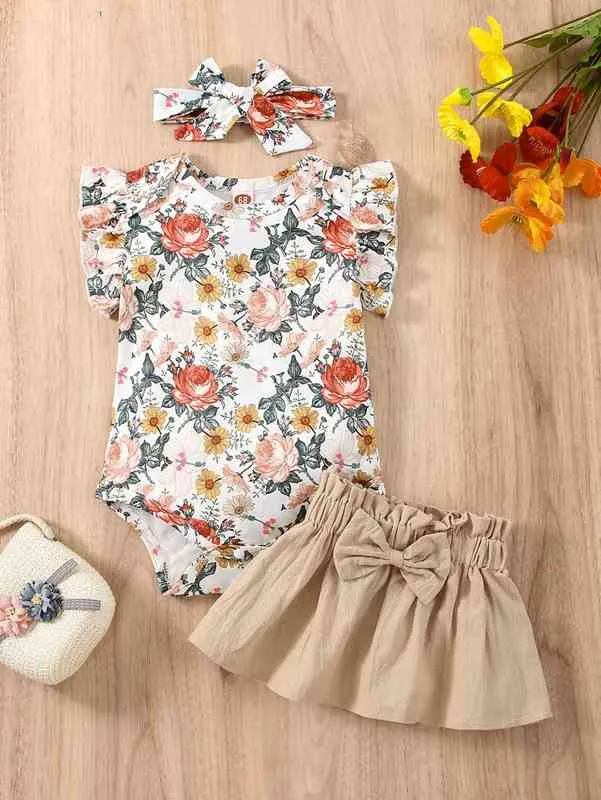 Baby Floral Print Bodysuit Бумажный пакет талии Боу Фронта Юбки с повязкой Она