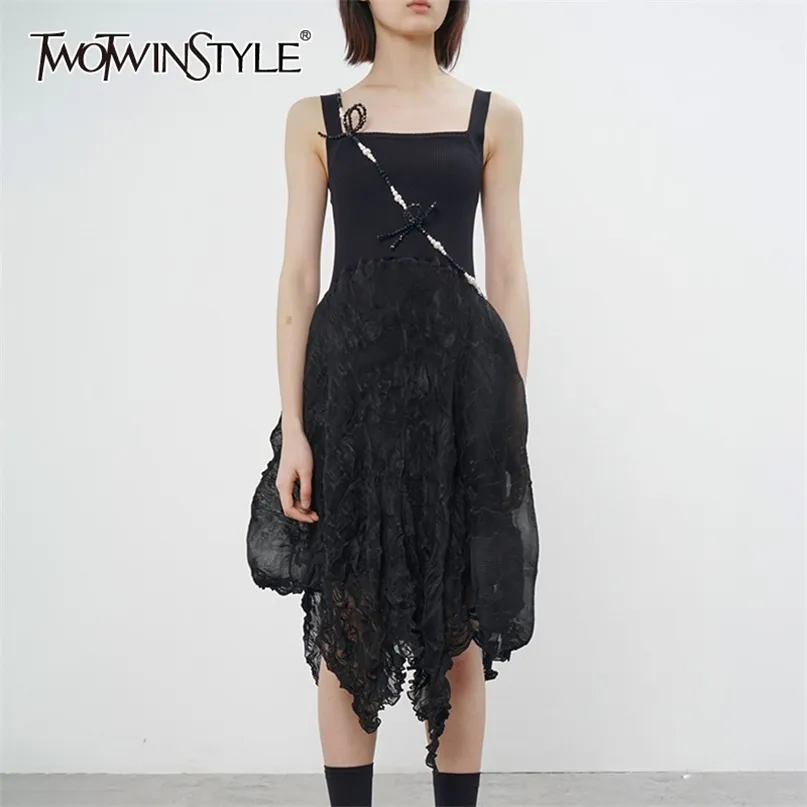 Black Vintage Sling Dress for Women Square Collar Bez Rękawów Wysoka talia Nieregularne Dresses Midi Suknie 210520