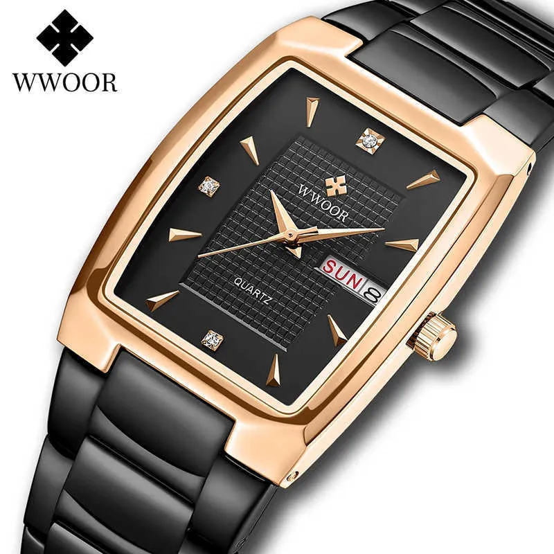 wwoorメンズスクエア腕時計高級ステンレスビジネスゴールドの腕時計トップブランドスポーツ日防水Reloj Hombre 210527