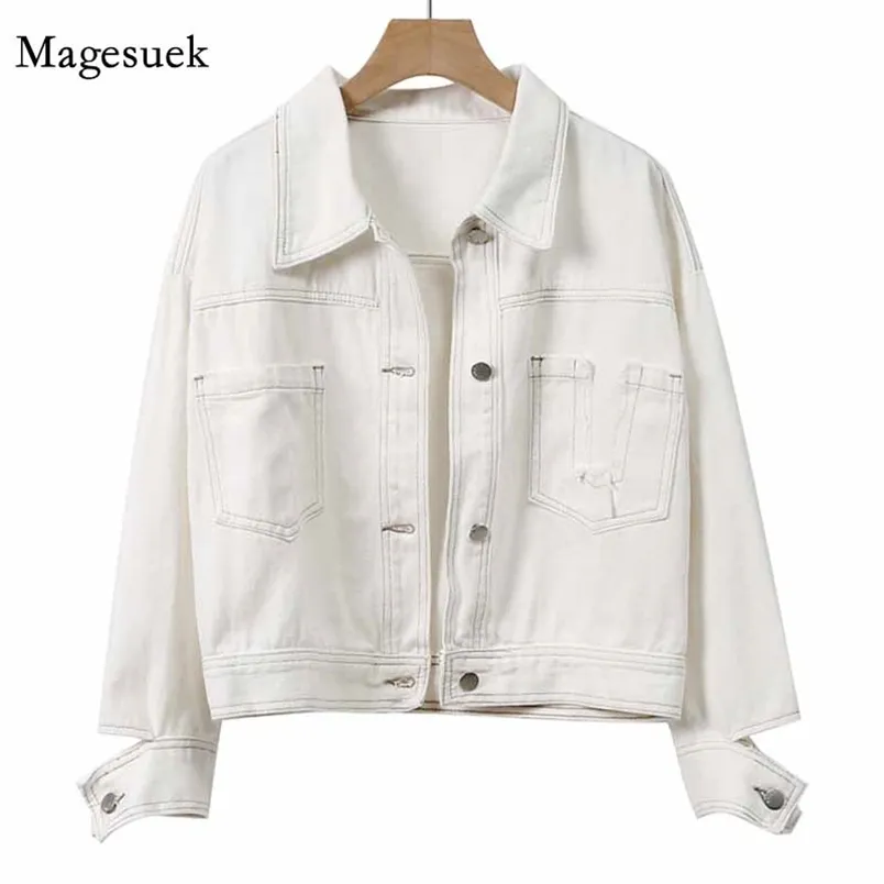 Autumn Vinatge Jeans Jacket Women Loose Casual Coats And s Pockets Cardigan White Denim 11995 210512