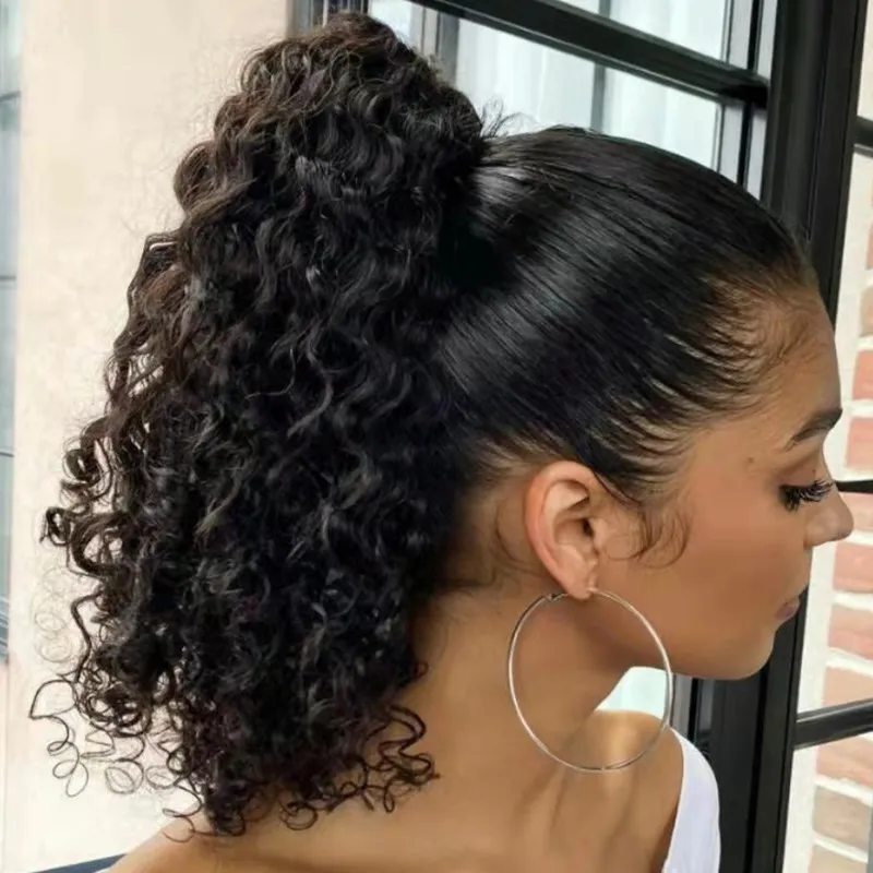 Ny Ankomst Kinky Curly Ponytail Förlängning Mänskligt Hår Afro Puff Curl Clip In Drawstring Ponytails Hårstycken för Kvinnor Naturfärg 120g