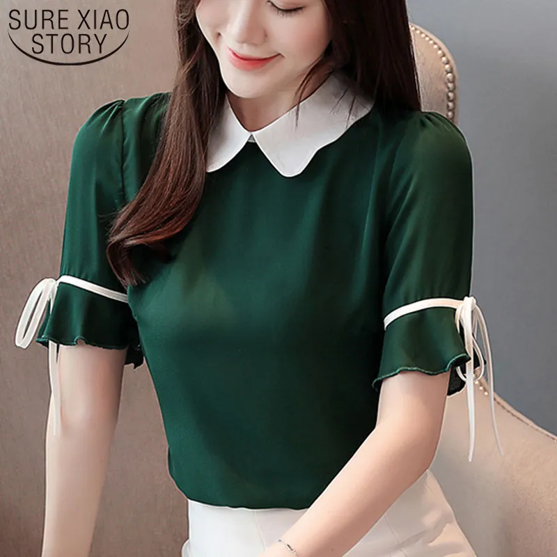 シフォンの女性の短い弓固体ピーターパンカラーレディーストップスブラウスシャツ韓国のファッションの服3463 50 210417