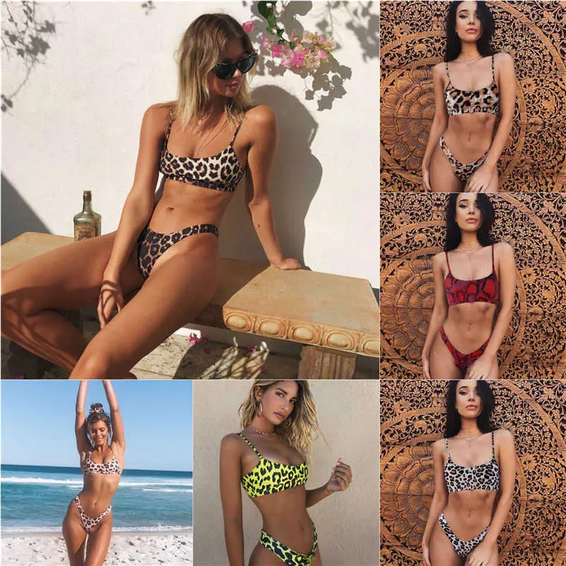 Mulheres biquíni conjunto de leopardo thong biquinis dois pedaços de cintura alta colheita top swimsuits brasileiro swimwear banhos mulheres mulheres