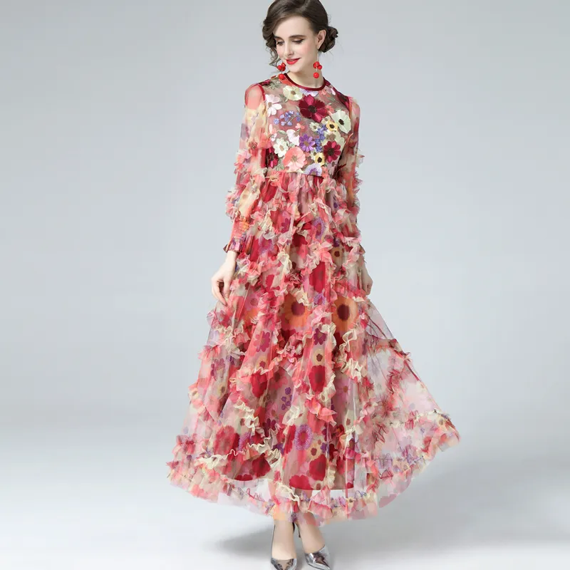 Damska sukienka pasa startowa o długie latarnie rękawy latarni kwiatowe marszczyki eleganckie modne impreza jesienna impreza