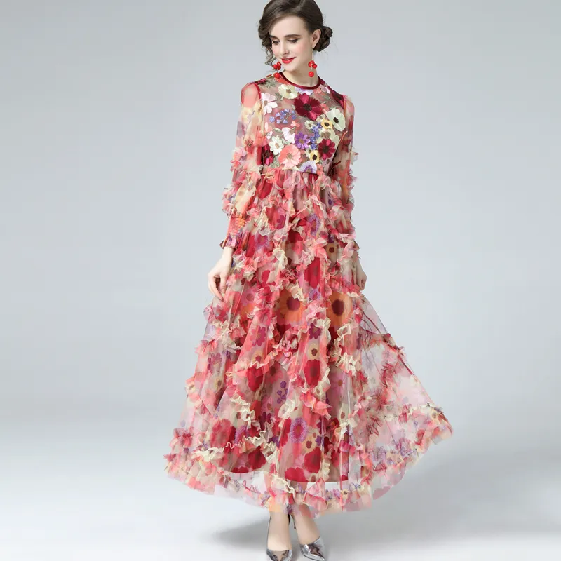 Floral Printed O-Neck runway maxi dress with Long Lantern Sleeves and Ruffles Appliques for Elegant Autumn Party and Prom Fashion