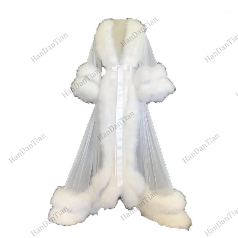 Женские сочетания белый двойной Deluxe женщины халат меховой ночной халат Bridal Marabou Handhing Party Party Party Party Bridesmaid платье