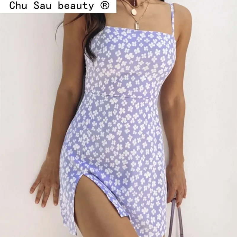 Fashion Summer Party Evening Chic Floral Print Sling Mini Dress Donna Sexy Style senza maniche Backless Split Abiti Donna 210508