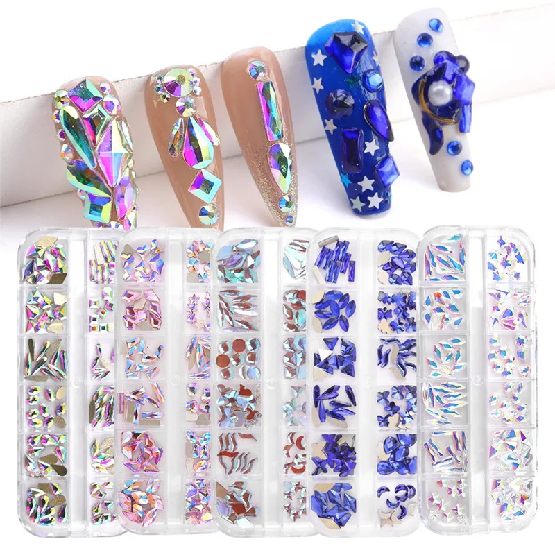 12Grids Nails Flatback Rhinestones 26 Styles DIY Nail Art Diamonds Crystals Mixed Shape Gems Jewelry Crafts Decorations