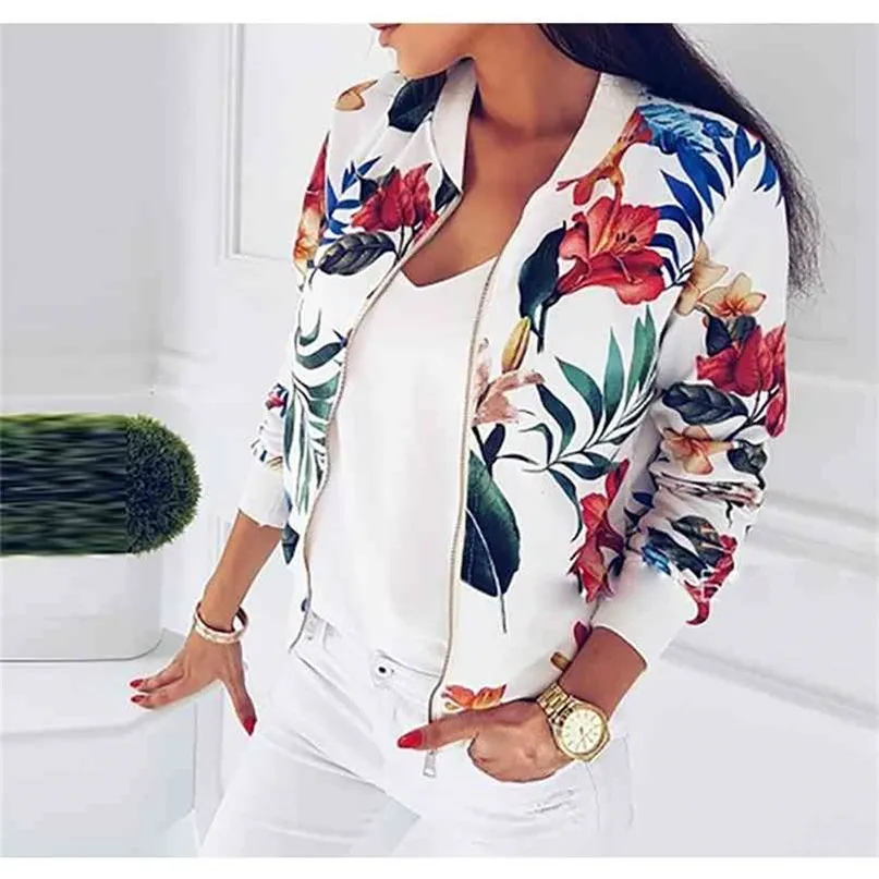 Autumn Winter Print Bomber Jacket Women Flowers Zipper Up Retro Coat Long Sleeve Basic Plus Size Short Biker Jackets Female 210922