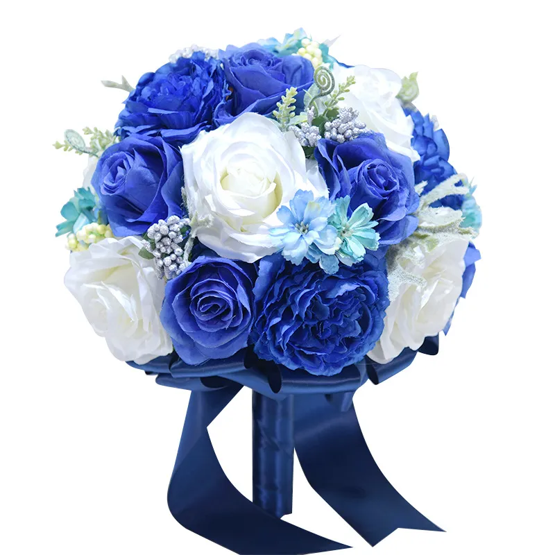 Bouquet De mariée artificiel blanc et bleu, fleurs De mariage, poignée avec nœud en ruban, Buque De Noiva romantique W716B