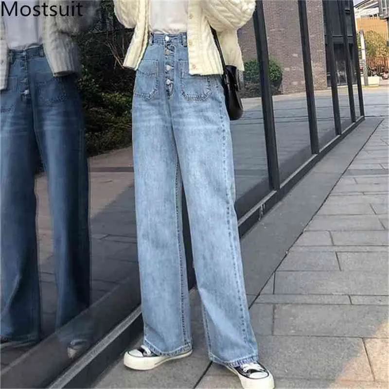 Herfst hoge taille wide been denim jeans broek vrouwen zakken knoppen vliegen rechte broek casual mode solide 210513