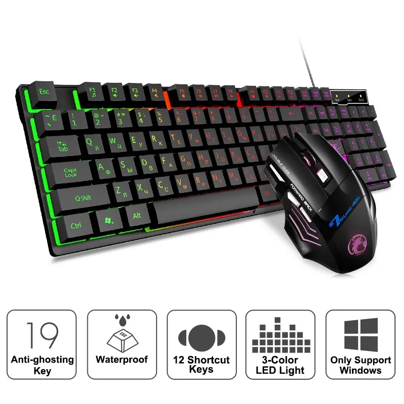 Clavier et souris Gamer de jeu rvb avec rétro-éclairage USB 104 touches clavier russe ergonomique filaire pour ordinateur portable