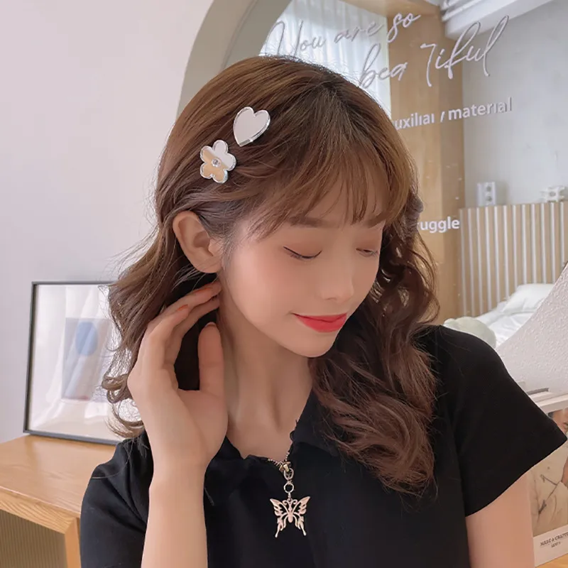 【LOTSYOU】韓国人気★Fall in flower heart Make up Side Clip Korean Mirror Love Flower Hairpin INS Womans Cool Heart