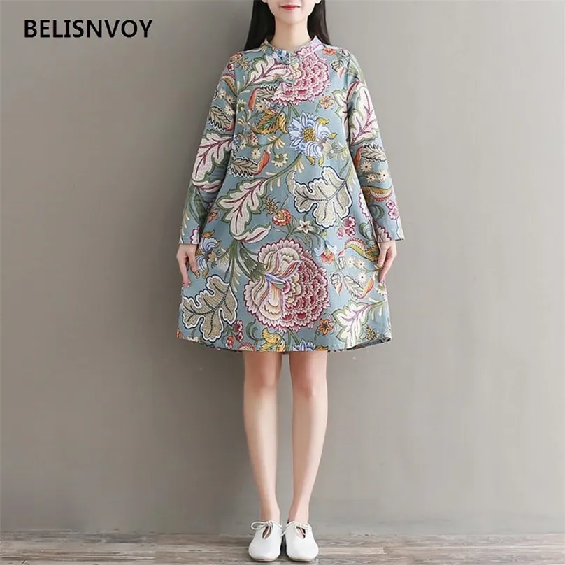 Kobieta Sukienka A-Line Mini Vintage Chiński Krajowy Styl Kwiatowy Drukowane ES Z Długim Rękawem Mandarin Collar Button Vestidos 210520