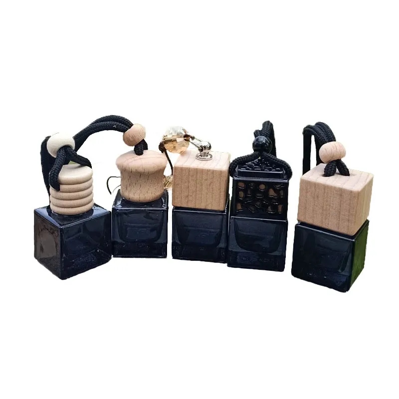 Bouteilles de parfum de voiture carrées noires de 8 ml bouteille en verre vide avec bouchon à vis en bois et corde de suspension pour désodorisant de décorations