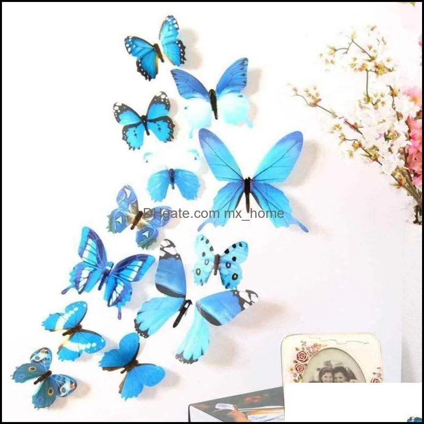 Wall Stickers Qualified 12pcs Decal Home Decorations 3D Butterfly Rainbow PVC paper for living JDW0