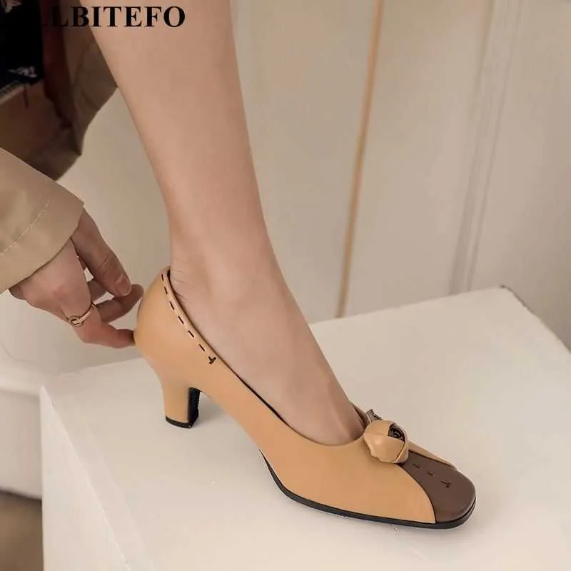 Allbitefo мода ретро натуральная кожа сексуальные высокие каблуки офисные женские туфли смешанные цвета женские каблуки женские туфли на каблуках 210611