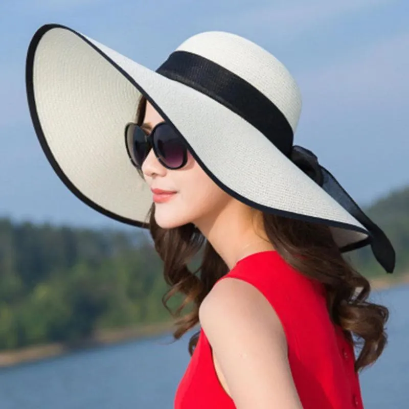 Été paille visière chapeau large bord Protection UV plage femmes chapeaux de soleil disquette ombre nœud papillon pliant Panama casquette