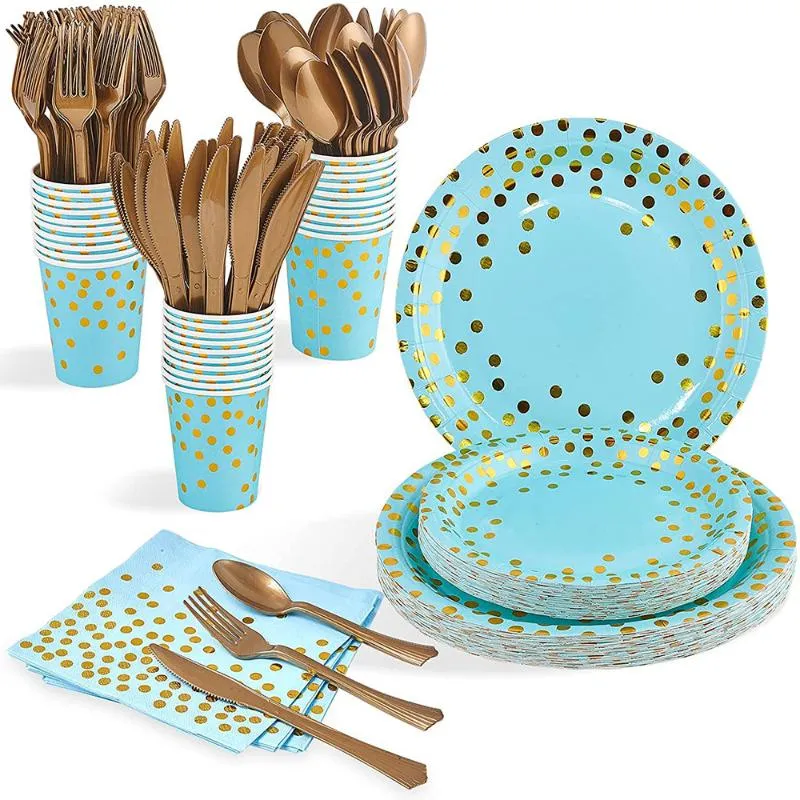 Disposable Dinnerware Blue Gold Party Supplies Paper Plates Napkins Cup Plastic Forks Spoon For Christmas Baby Shower