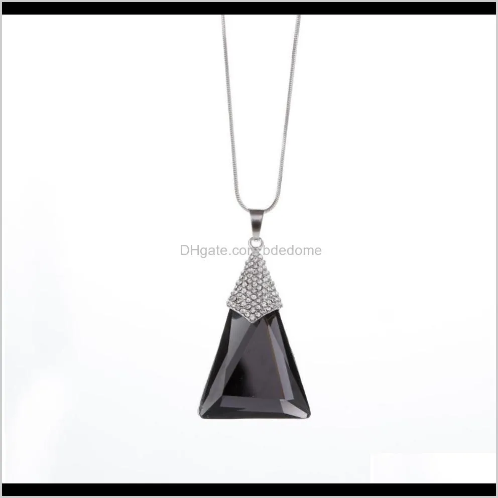 sweater necklace triangle row-type blue crystal pendant alloy part small crystal setting silver plated brass long chain