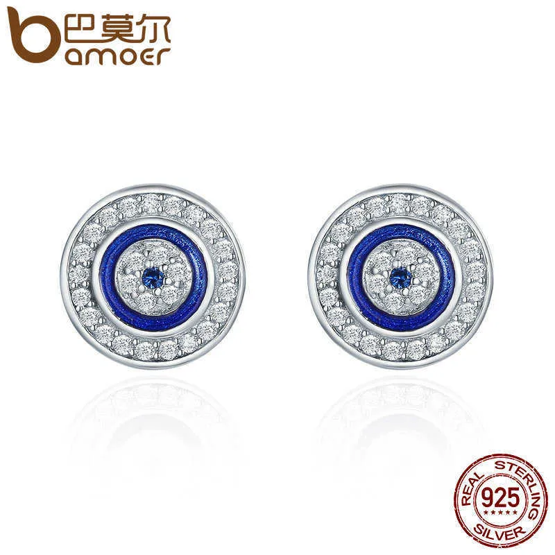 925 Sterling Silver Blue Eye Round Stud Earrings for Women Fashion Sterling Silver Jewelry SCE148 210609