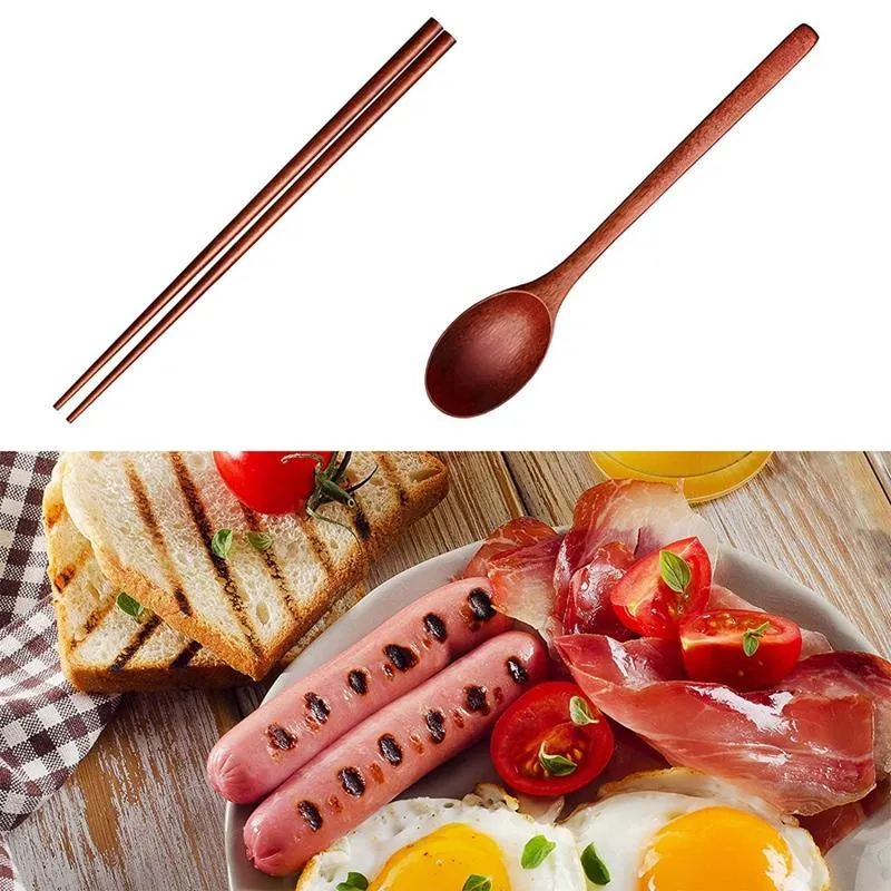 Chopsticks 16 pcs Longa manuseio de madeira colher e conjunto de combinação de mesa reutilizáveis ​​de talheres para comer