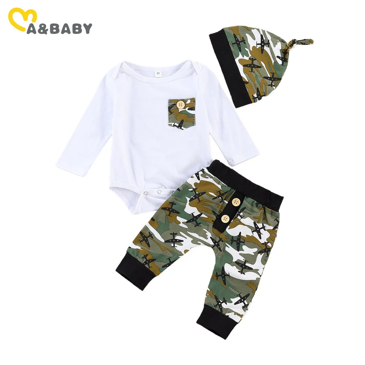 0-12m outono primavera nascido infantil bebê roupas de roupa conjunto macio manga longa romper camo calças chapéu roupas roupas 210515