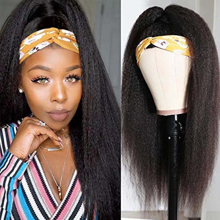 Human Malaysian Hair Yaki Straight Headband Wigs With Head Band Synthetic Wig For Black Women 180 Density
