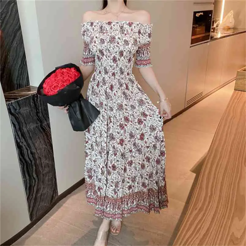 Drukuj Szyfonowa Sukienka Kobiety Boho Slash Neck Krótki Rękaw Panie Vestidos Summer Eleganckie Slim Wakacje Maxi Dresses 210519