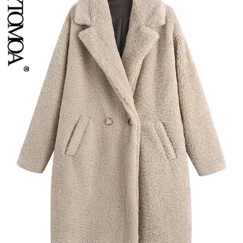 Kpytomoa女性のファッション厚い暖かい二重抽選の毛皮のテディコートビンテージ長袖ポケット女性のアウターシックオーバーコート211220