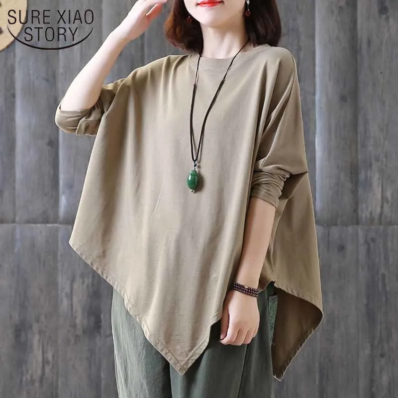 Koreaanse losse casual bat mouwen effen top blouse asymmetrie shirt herfst plus size wilde dunne onregelmatige T-shirt vrouwen 12740 210415