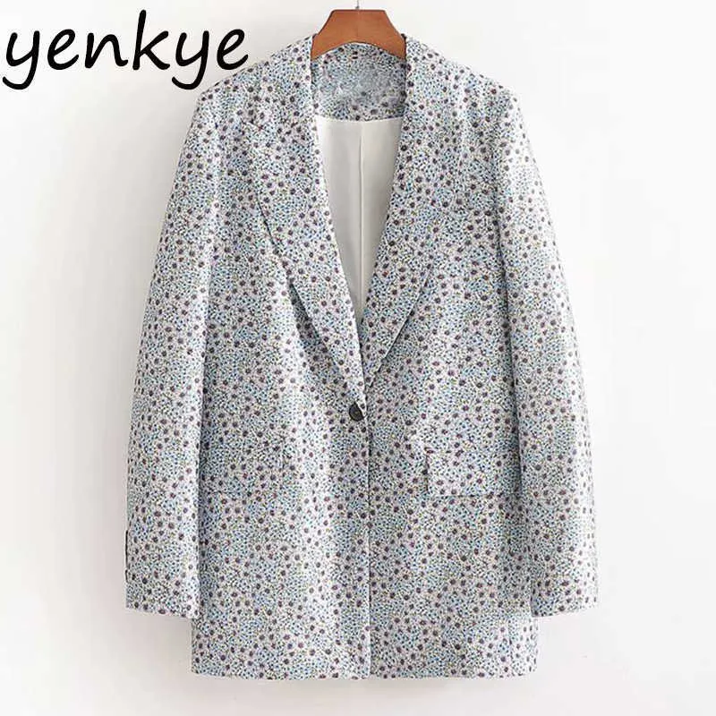 Vintage Floral Print Women Blazer Long Sleeve Notched Collar Single Button Casual Blazer mujer Office Lady Satin Suit Plus Size X0721