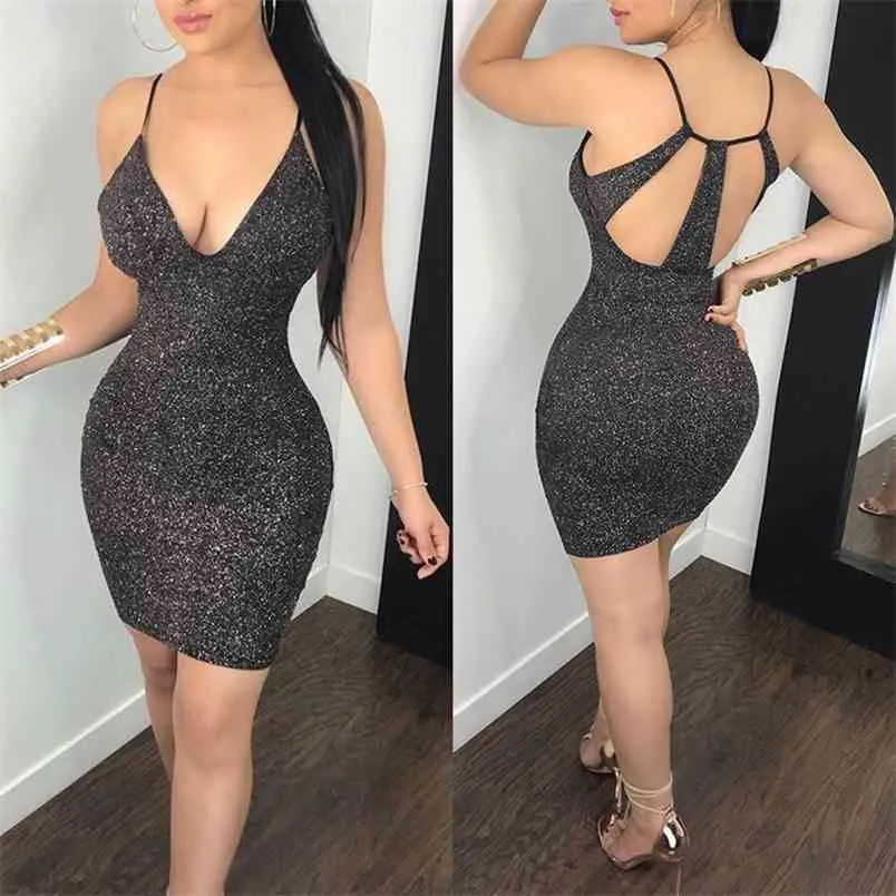 Women Dress Summer Female Sexy Sleeveless V-Neck Solid Evening Party Club Sequined Bodycon Cocktail Ladies Bag Hip Clothing 210522