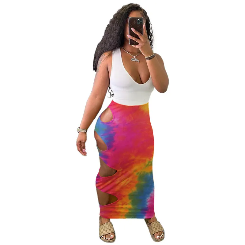 European Fashion Tie Dye Skriv ut kjol sommar hög midja strand sexig lång maxi kjolar femme x0428