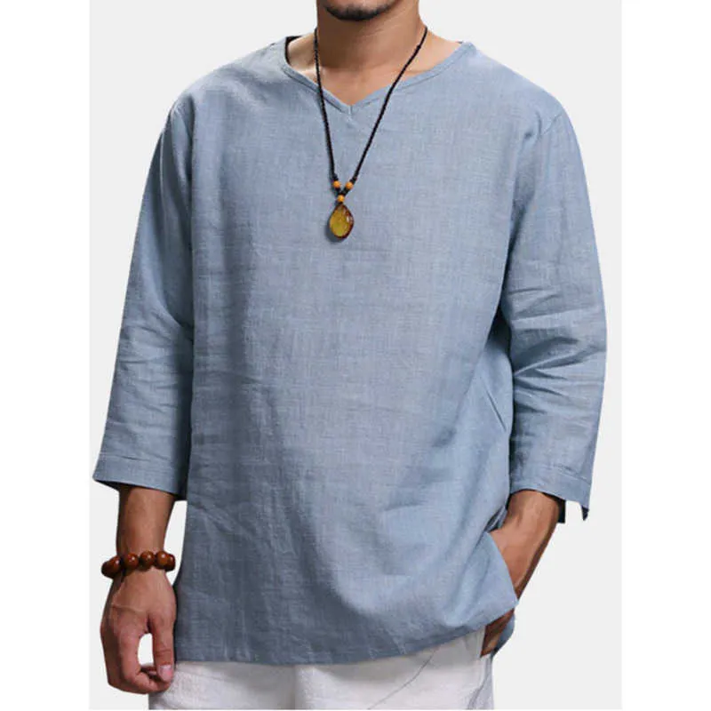 Męskie Vintage Solidne V-Neck Połowa Rękaw La La Dorywcza T Shirt Męska Bluzka Japońska Joga Casual Wygodne bawełniane koszule 210527