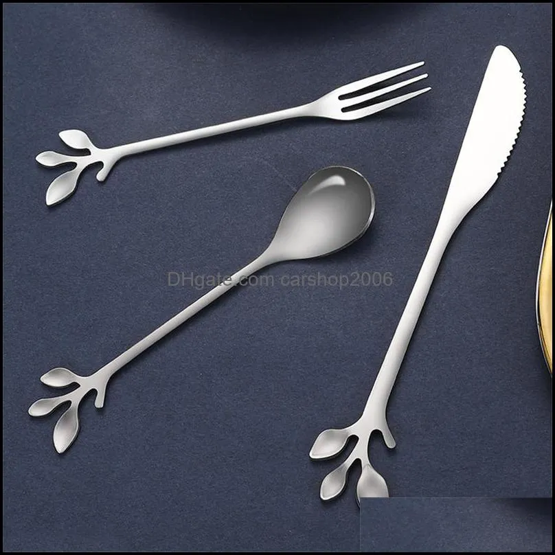 Stainless Steel Knife Fork Spoon Creative Branch Leaves Coffee Stirring Spoons Dessert Fork Kitchen Accessories Tableware JK2005XB