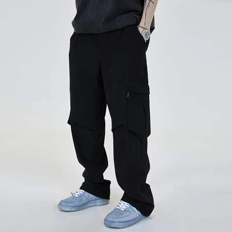 Casual Cargo Pants Harajuku Multi-Fickor Rak sida Zipper Mens High Street Oversize Baggy Trousers Hip Hop Solid Svart