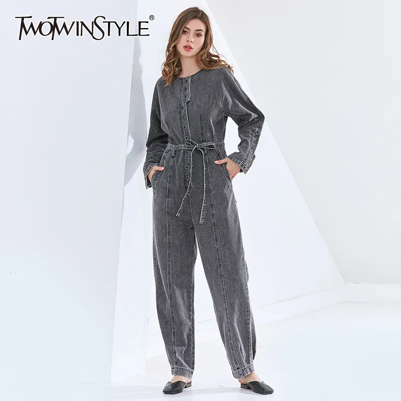 Twotwinstyle denim macacão minimalista para as mulheres o pescoço de manga comprida cintura alta lace up bowknot jumpsuits casuais feminino moda 210517