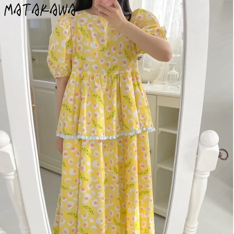 MATAKAWA Print Floral Loose vestidos Puff Sleeve Cake Long Dresses for Women Ropa Mujer Talla Grande Korean Summer Cute Robes 210513