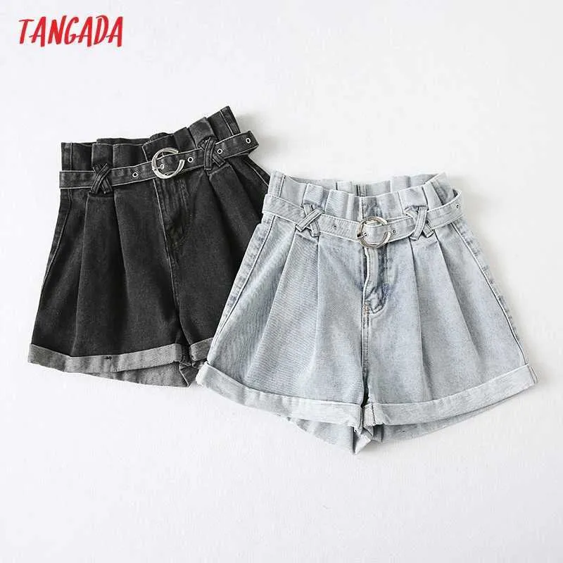 Tangada kvinnor elegant hög midja denim shorts med bältesfickor kvinnliga retro casual shorts pantalones yu63 210609